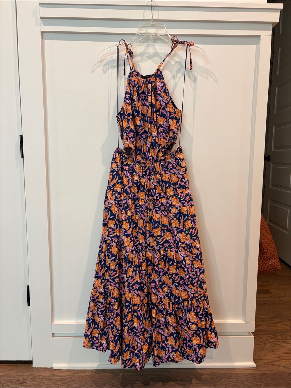 J. Crew Navy Floral Tie-Shoulder Maxi with Orange and Pink Blooms